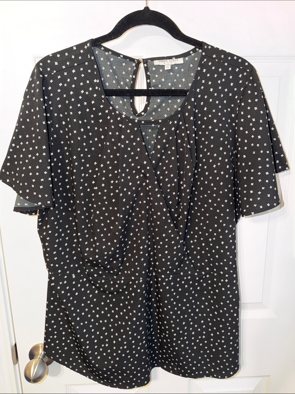 Apt. 9 Black Short-Sleeve Faux-Wrap Blouse with White Dot Print